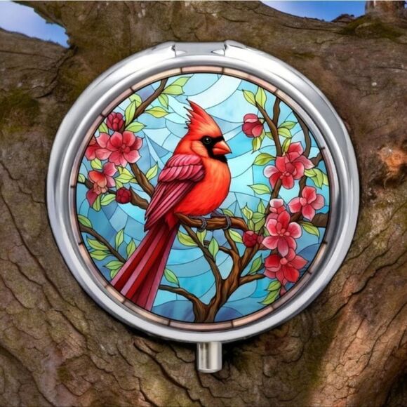 Red Cardinal Bird Pill Box Medicine Mini Stainless Steel Case Mirrored Travel - Picture 1 of 7